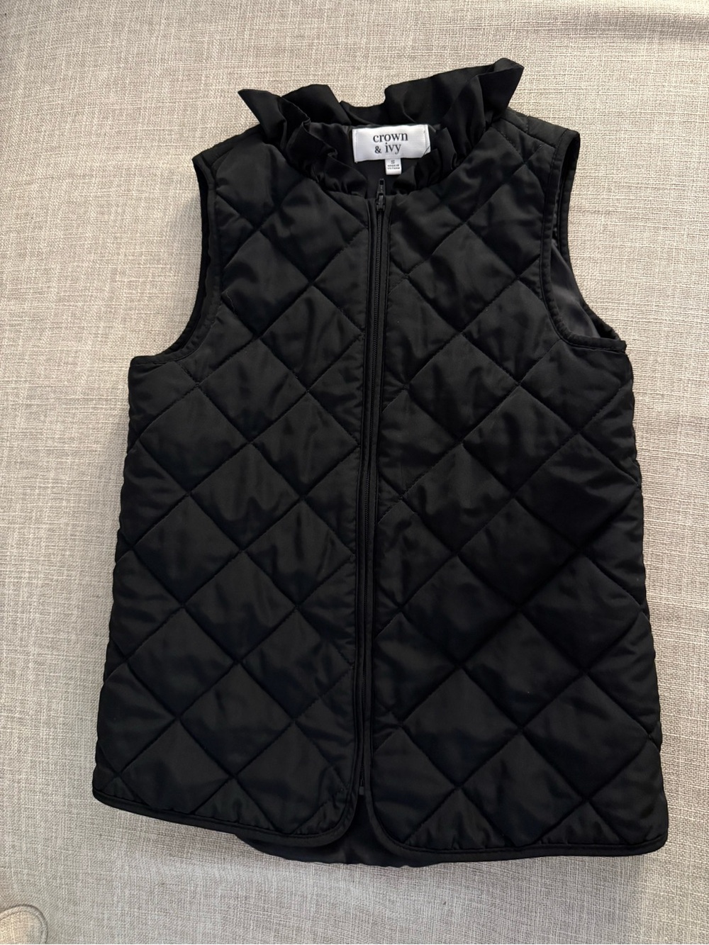 crown & ivy Black Quilted Puffer Vest with Ruffle Neck